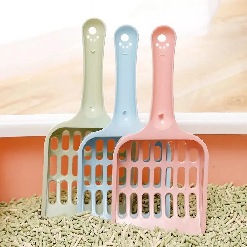 Plastic cat litter scoop 20cm long with fine mesh in blue green or pink for cleaning cat toilet sand