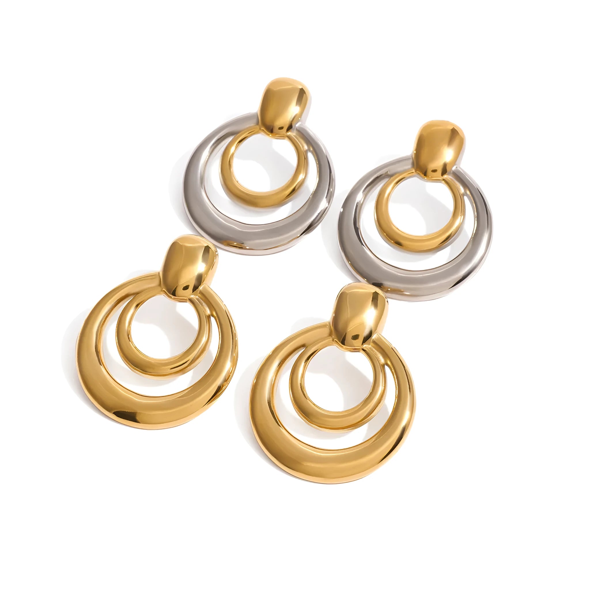 Golden round double layer hollow stud earrings with geometric design