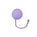 Green cat toy ball with a rope handle looped through it, shown next to a smaller pink version.