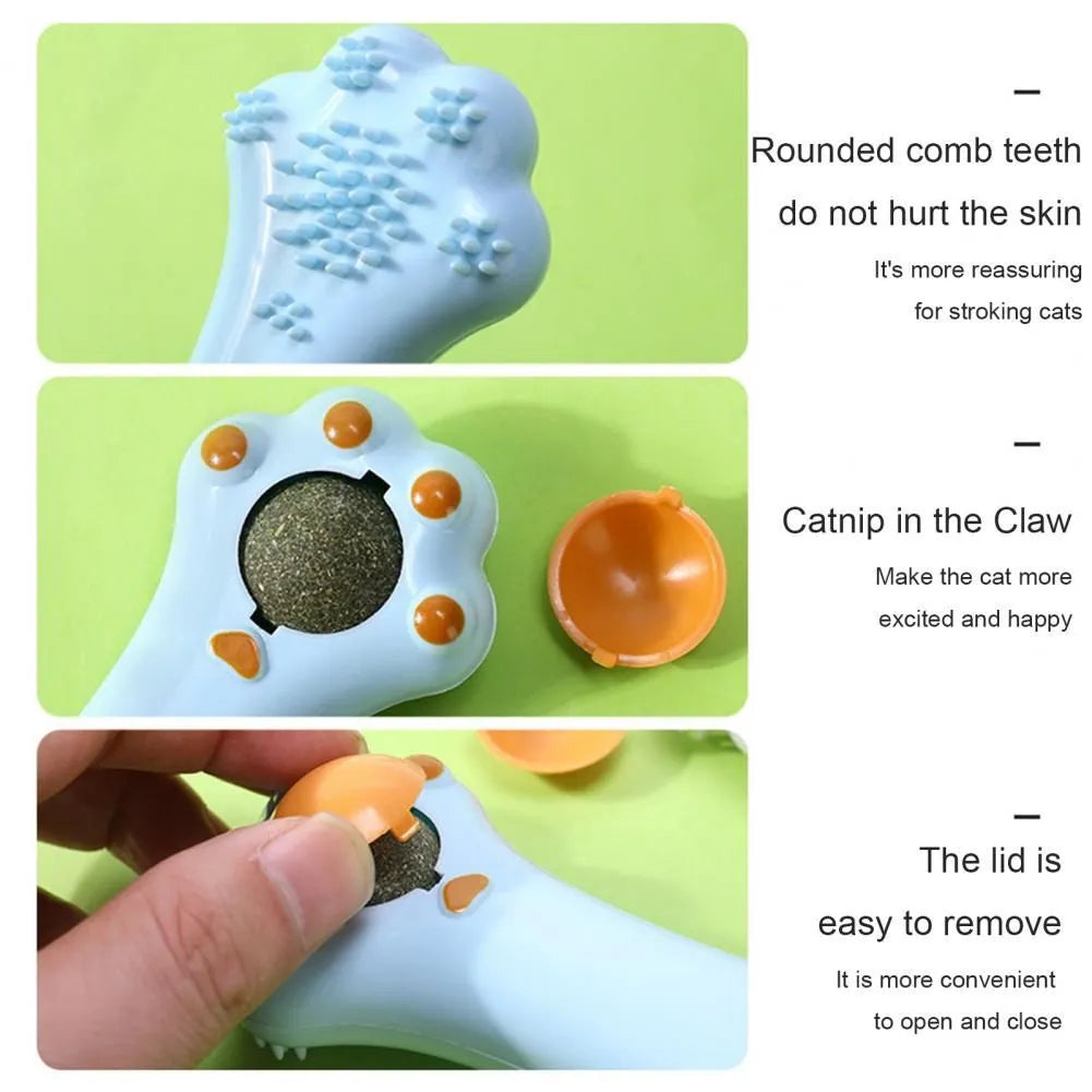 Dual-purpose cat massage comb with gentle teeth and catnip in cartoon design