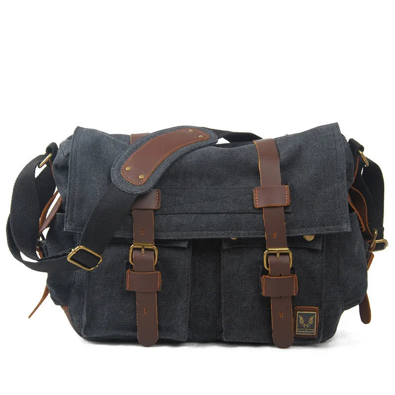 Men's Army Green canvas crossbody shoulder bag with cowhide details and a postman flap.
