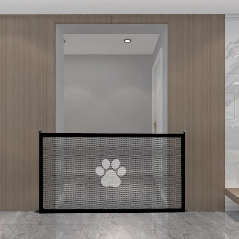 Folding dog barrier with black dog footprints, standing in doorway with plastic support rods