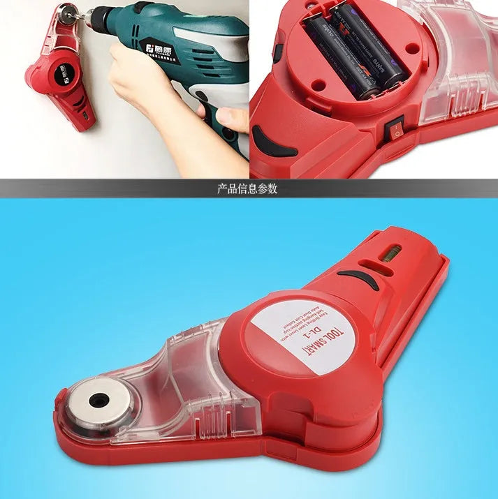Red laser level tool with punching function for woodworking alignment and marking.