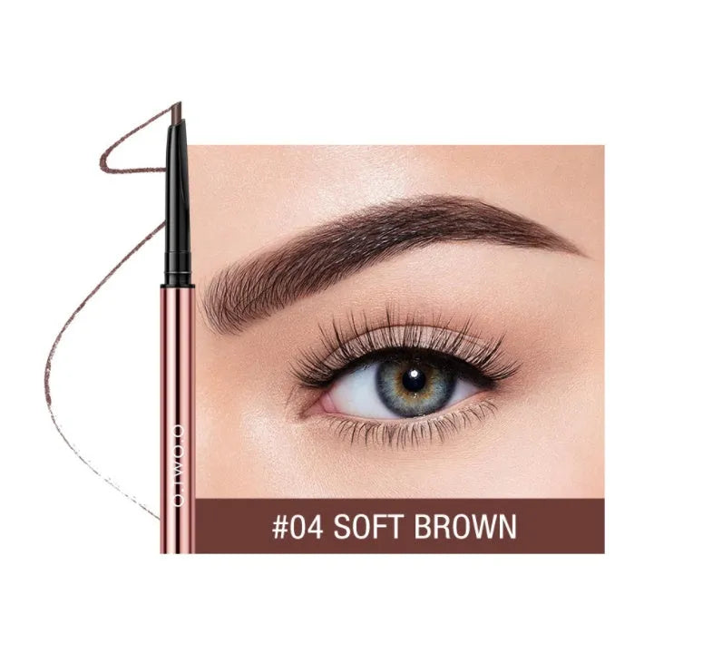 Eye brow make-up pencil in colour box packaging with six shade options shown, tapered tip visible.