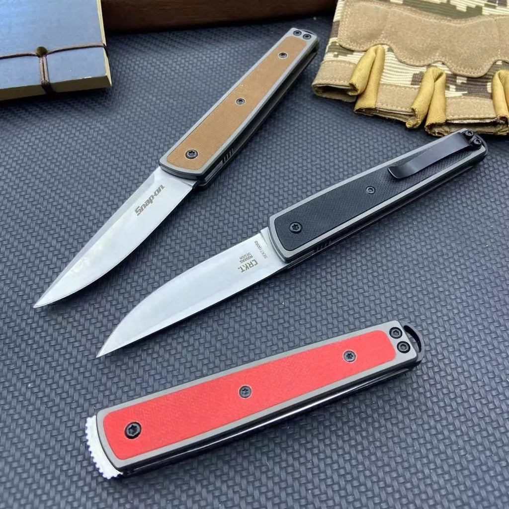 Folding fruit knife with stainless steel blade in black, coffee, or red colour measuring 17cm total length