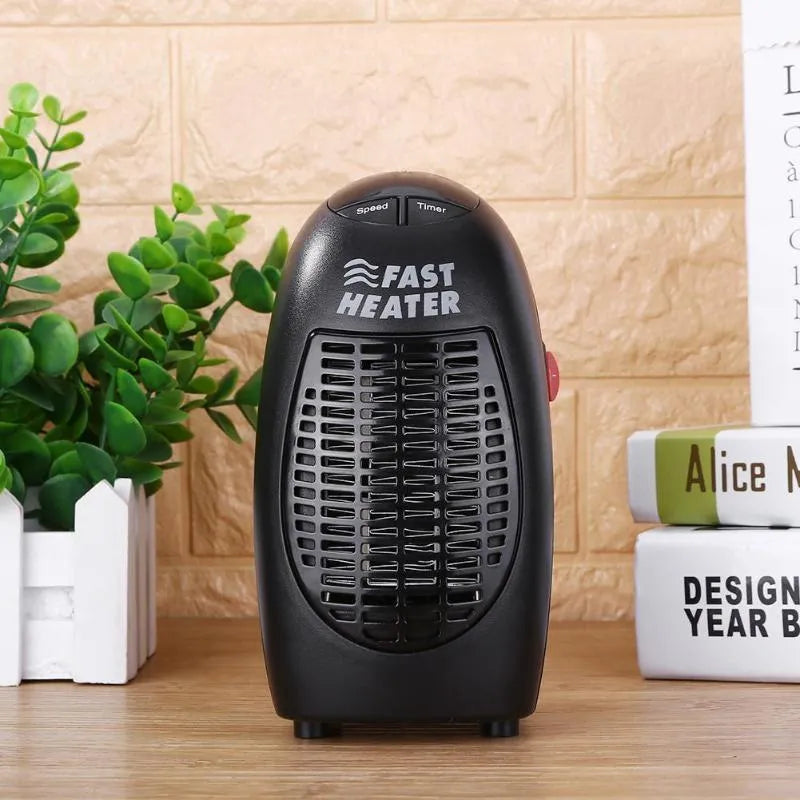 Black portable electric heater with digital display and rotating plug, measuring 8x7x16cm