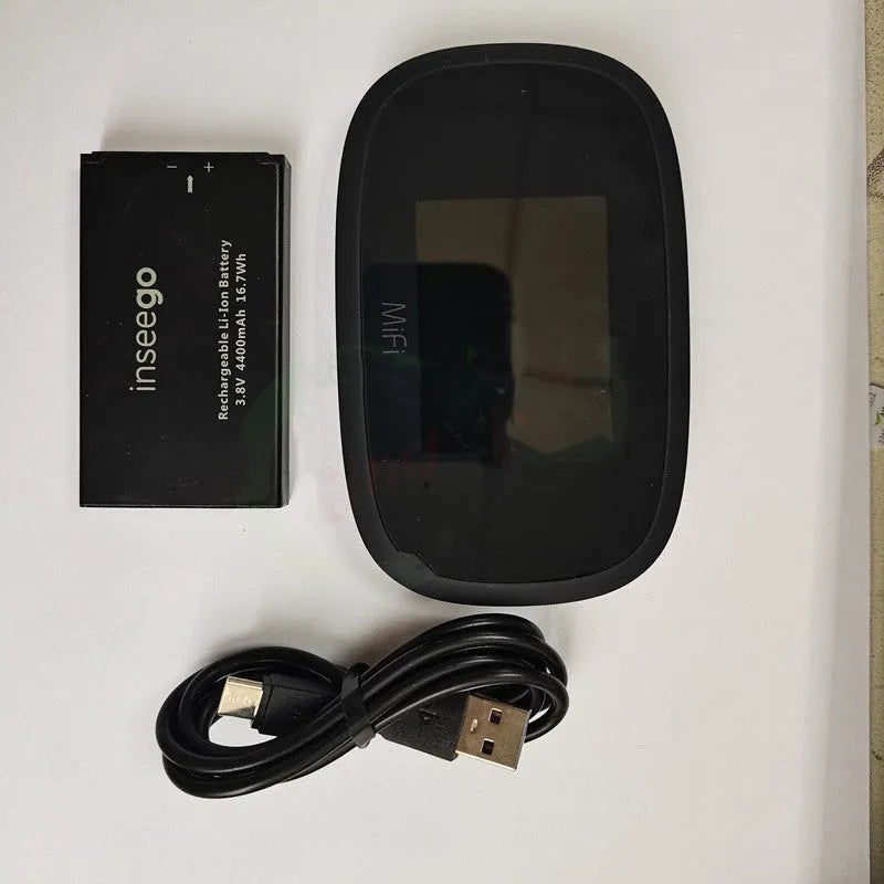 Black MiFi8000 portable 4G wireless router with battery and cable.