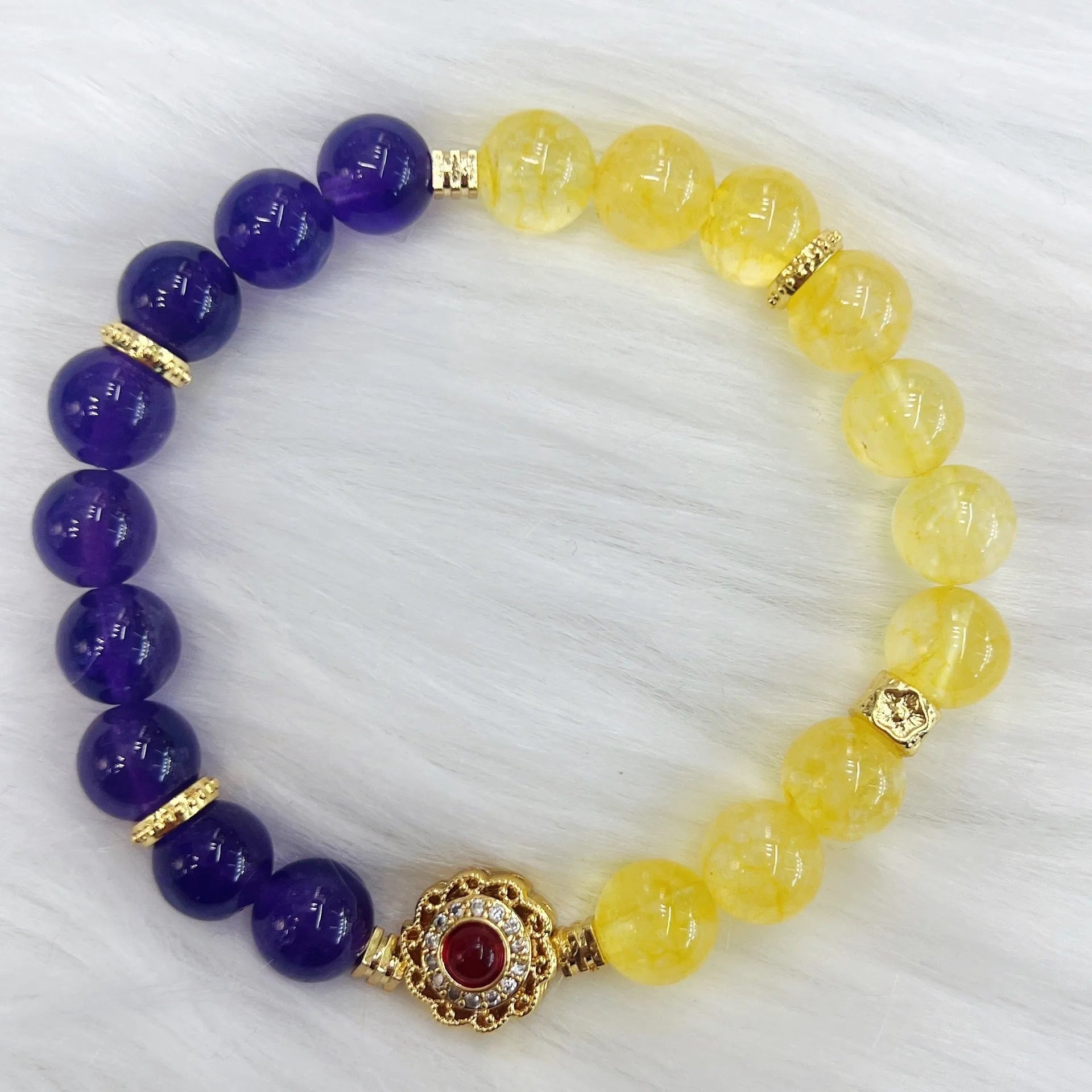 Handmade yellow and purple women's crystal bracelet with amethyst stones