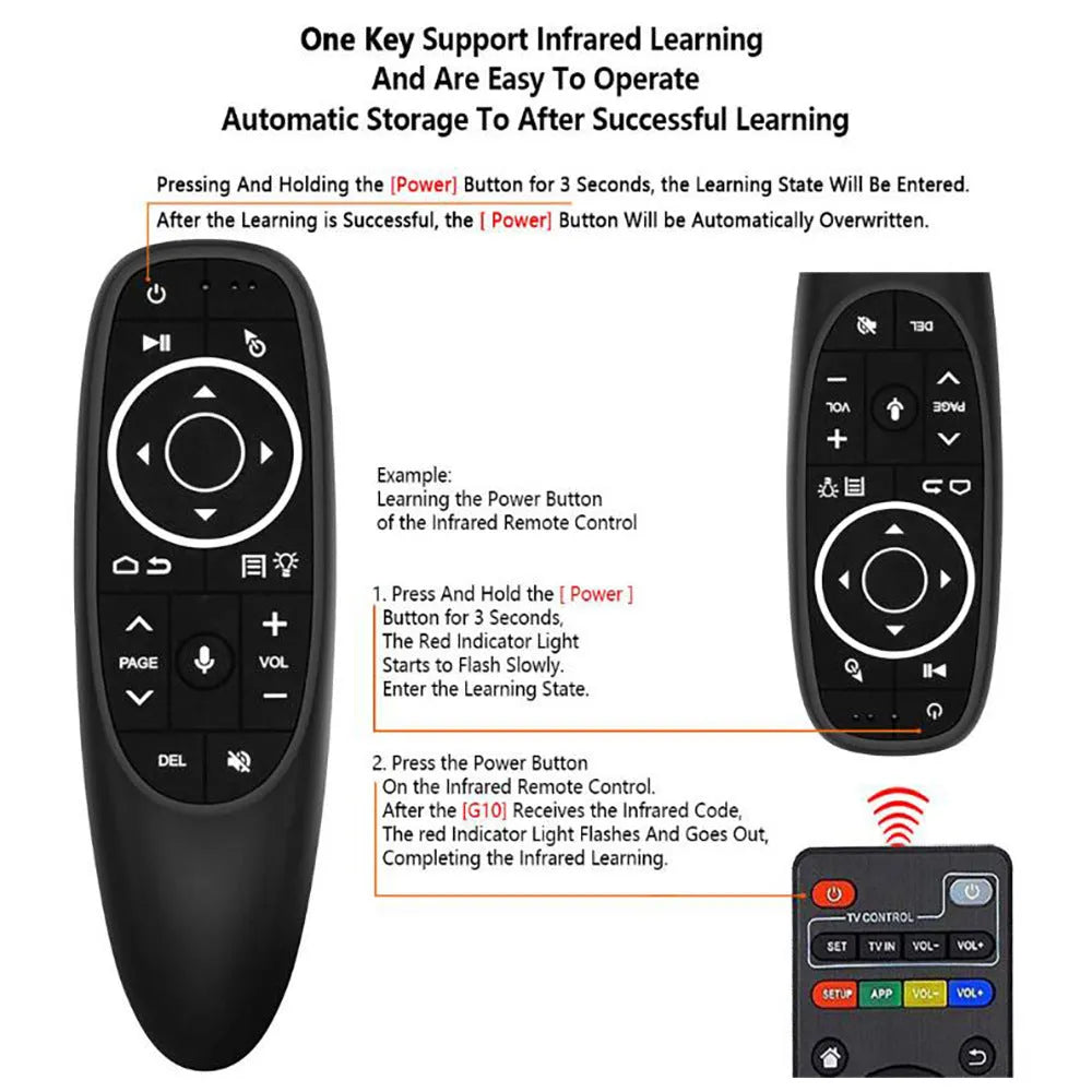 G10 series intelligent voice remote control with plastic shell and silicone buttons.
