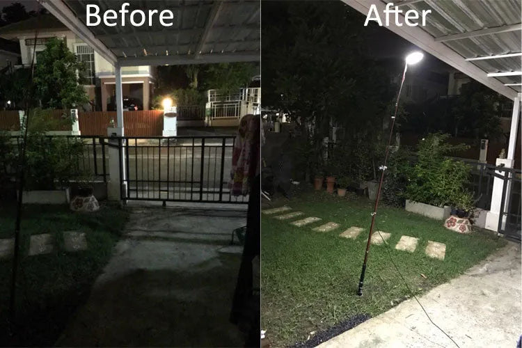 White LED fishing rod light panel on a tall telescopic pole with a remote control.