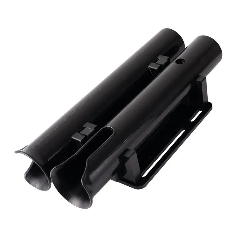 Black double-layer plastic fishing rod rack with carbon fibre frame and metal pipe clamp for bicycle handlebars