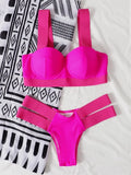 Women's contrast colour bikini swimsuit with steel bracket push-up, shown in rose red.