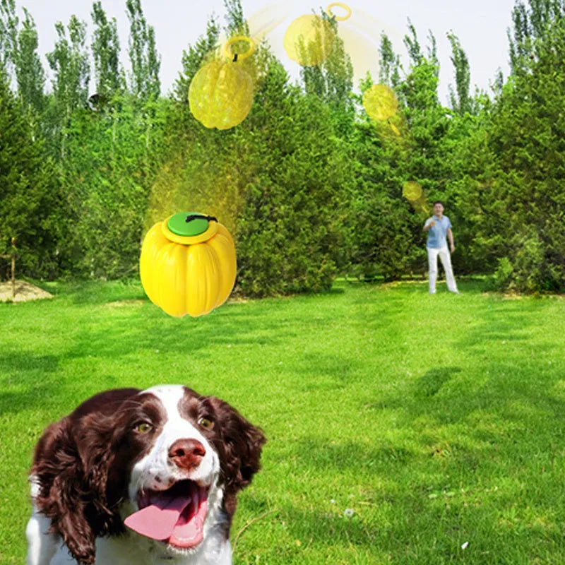 Orange pumpkin-shaped plastic dog chew ball with a squeaker for small dogs and teething puppies.
