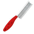 Red pet grooming comb with mixed short and long stainless steel pins and a plastic handle.