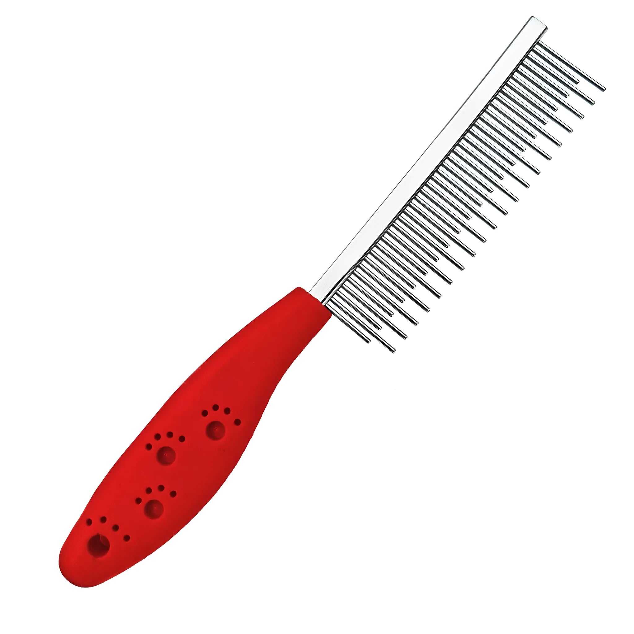 Red pet grooming comb with mixed short and long stainless steel pins and a plastic handle.