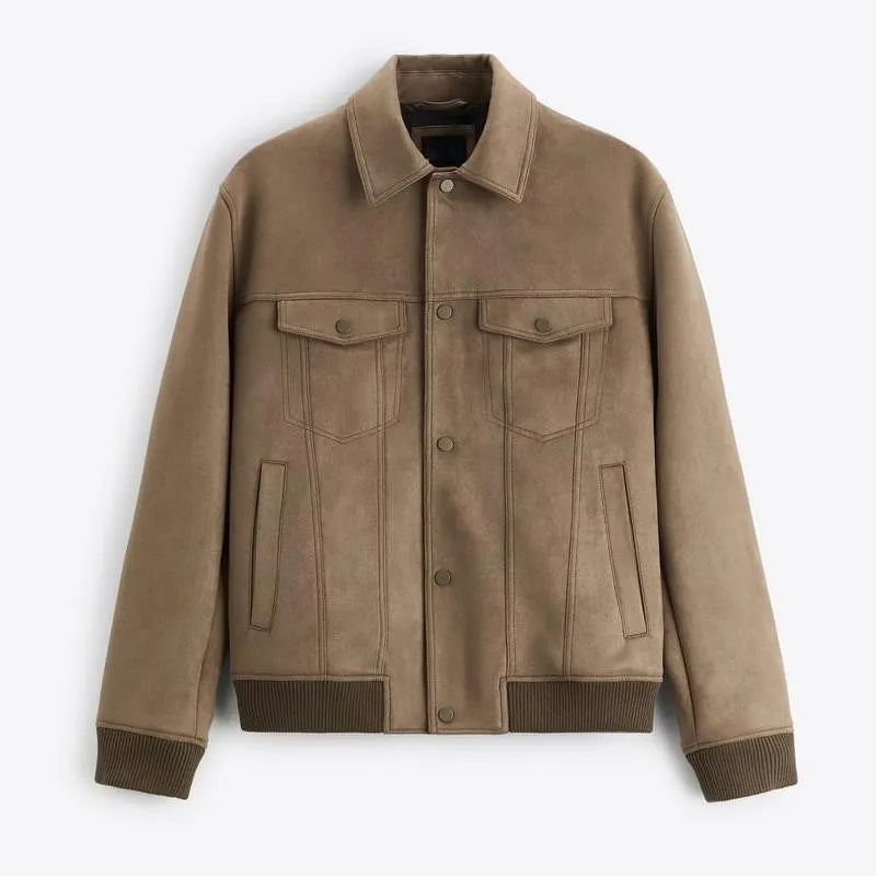 British style commuter jacket in suede velvet material with spandex fabric, shown in light gray and mink colour options