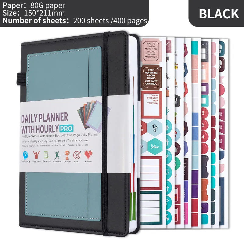 Creative trend notebook with PU cover, open to show undated strap and wood-free paper, with colour options displayed.