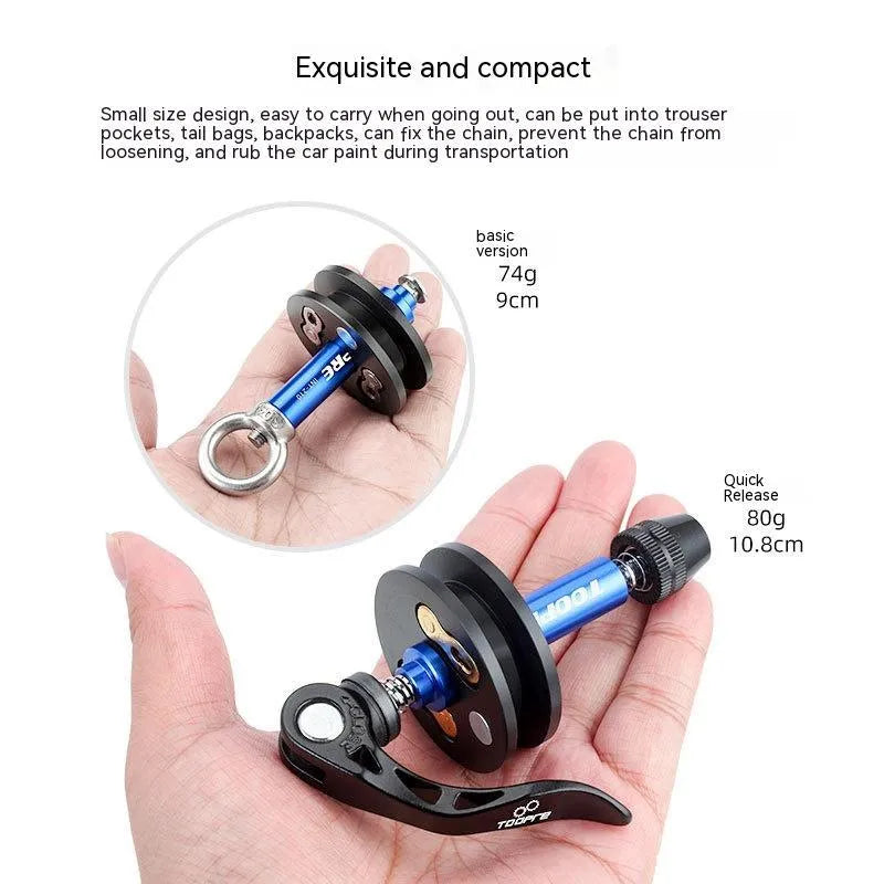 Aluminium bicycle chain holder tool shown in barrel shaft, basic and quick release versions.