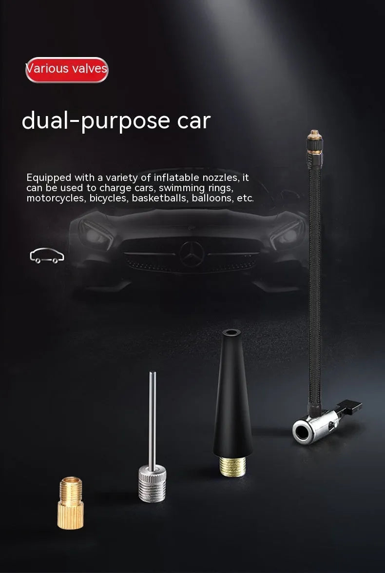Red and black portable car air pump with digital display, power cable, and set of inflation nozzles on a grey background.