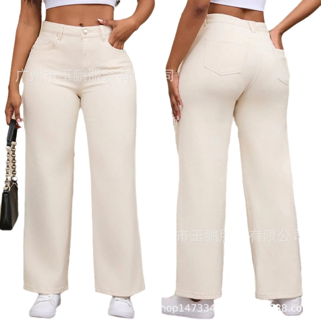 Women's straight leg jeans in wide fit with high waist, available in apricot and khaki colours