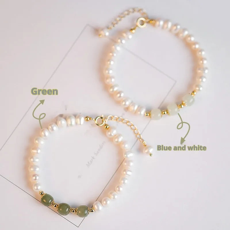 Korean style natural freshwater pearl bracelet with diamond-shaped electroplated pearls in Hetian jade colour