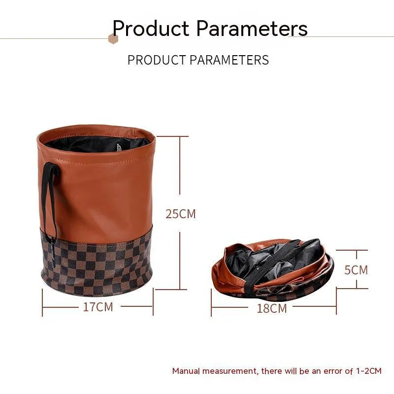 Leather retractable car interior trash can shown in folded and open states with carry handle.