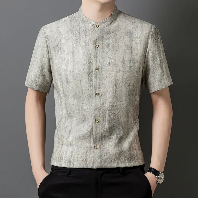 Men's loose-fit linen cardigan-style short sleeve shirt in solid black grey colour.