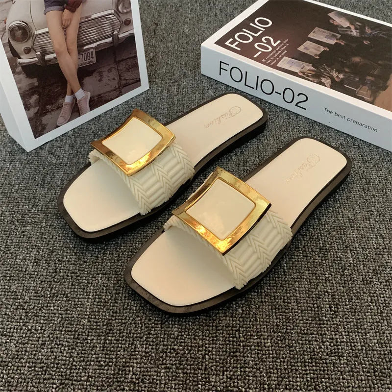 Women's casual summer flat slippers with PVC sole in apricot, black, and khaki colour options