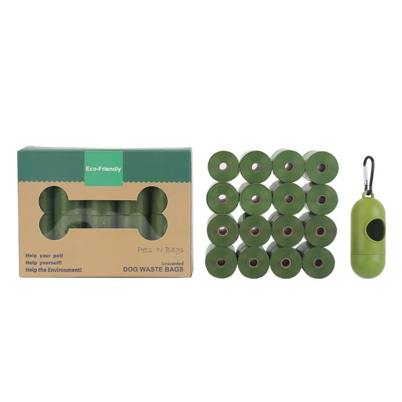 Rolls of green, black, blue, purple, and orange EPI degradable pet poo bags with a plastic dispenser.