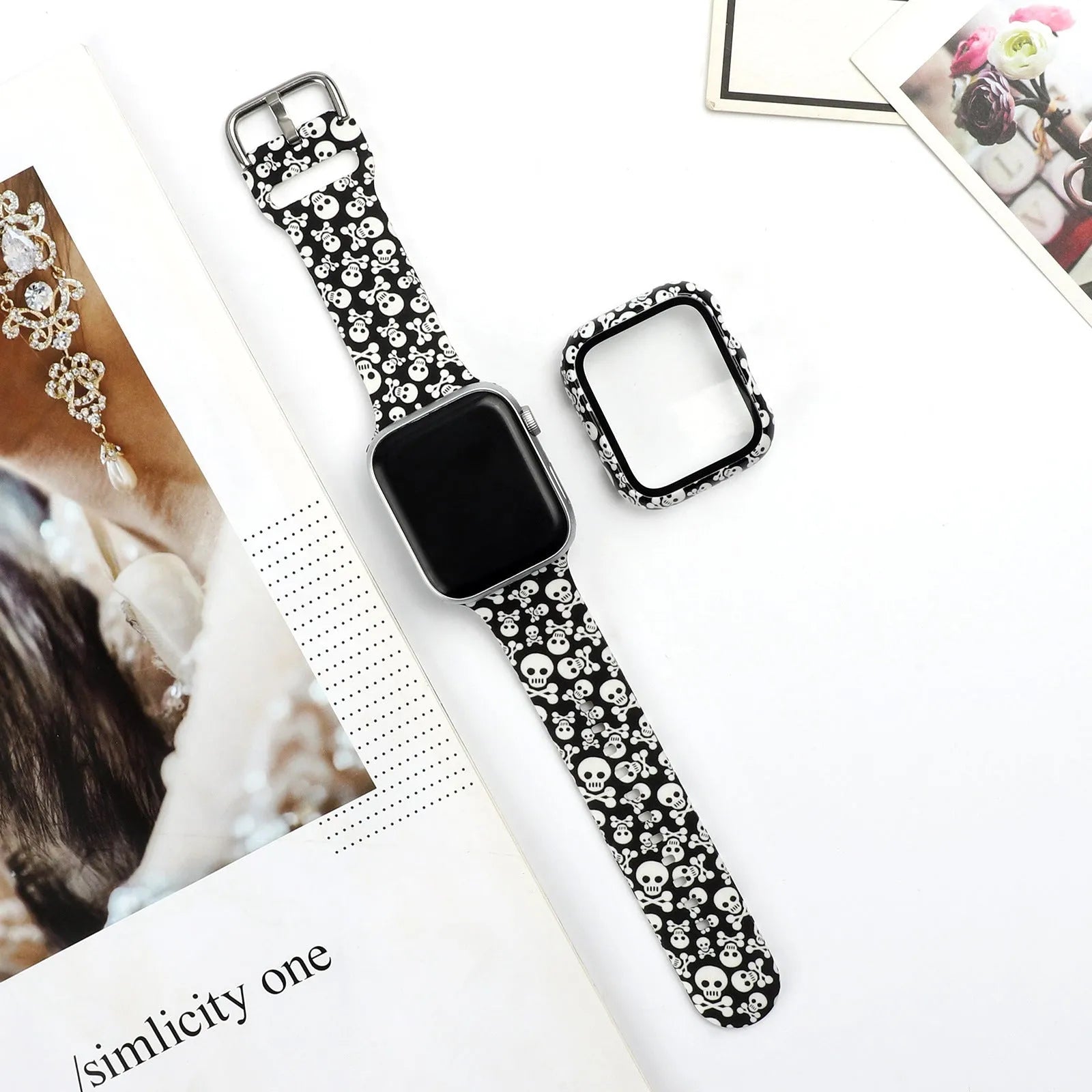 Printed fashion silicone replacement strap for Apple Watch showing multiple design options and 38mm 40mm 42mm 44mm size compatibility.