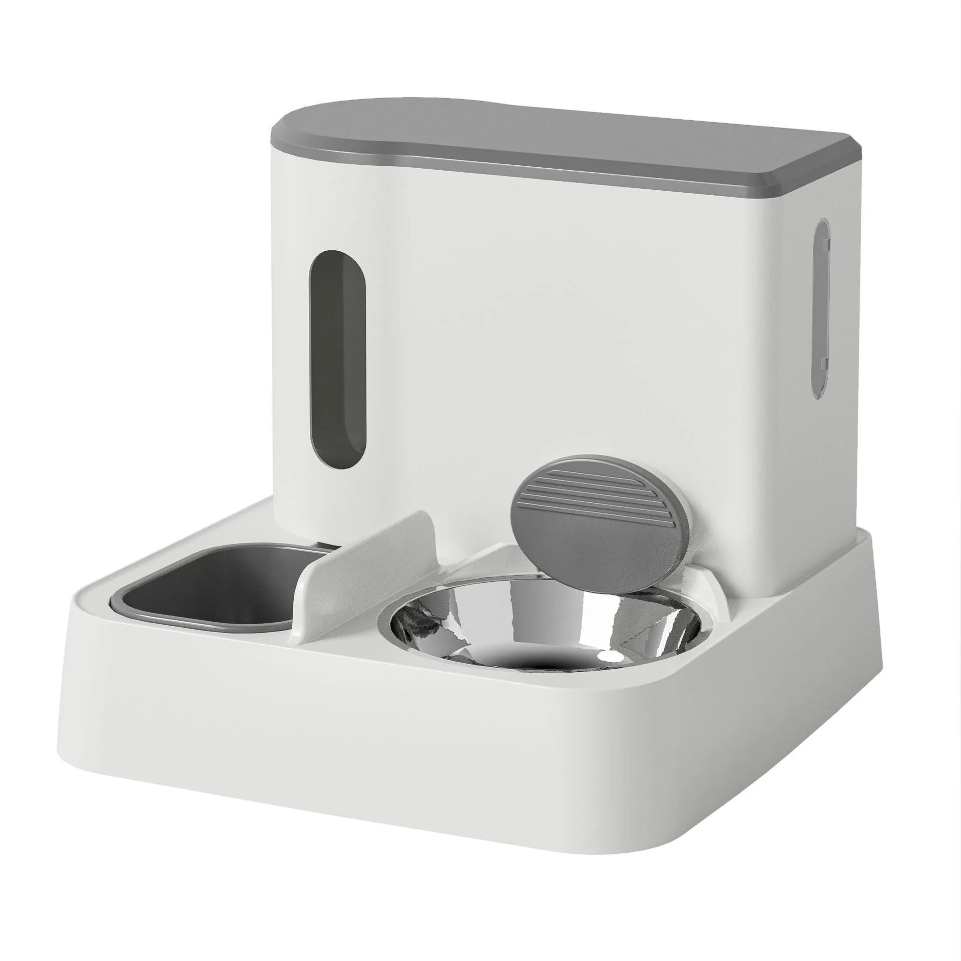 Cat automatic feeder water dispenser with integrated double bowl system in grey, yellow or green