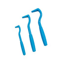 Three plastic pet tick removal hook tools in blue or green for dogs and cats.