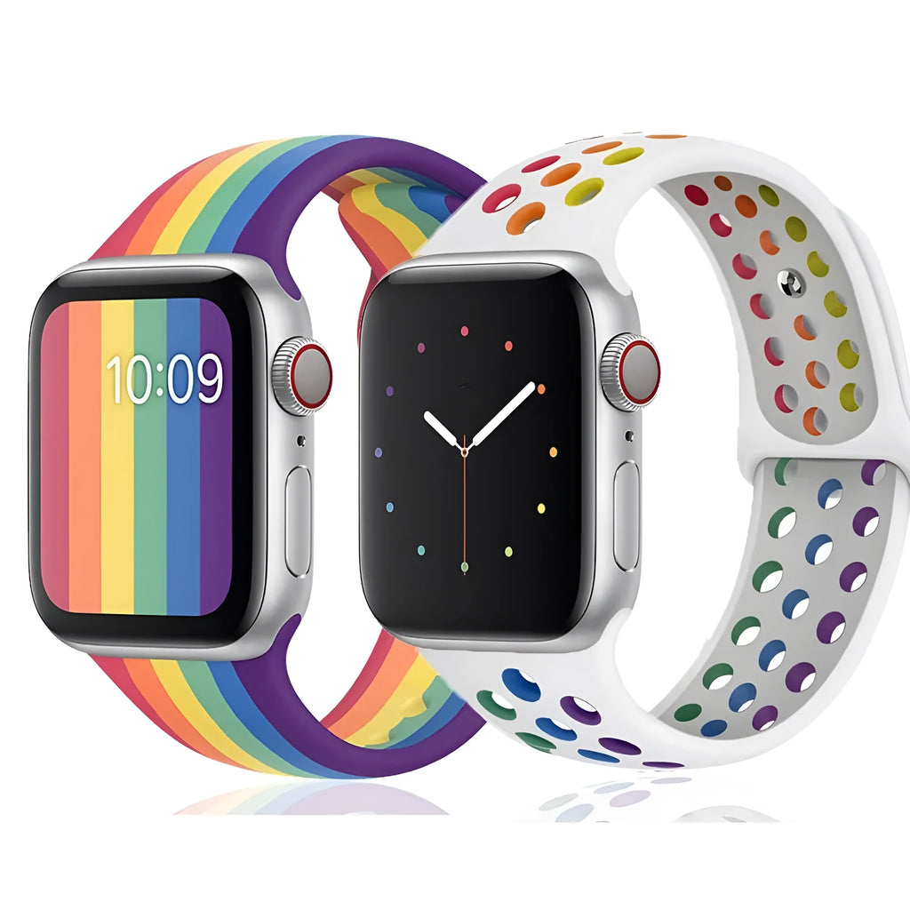 Silicone sports wristband with buckle closure in black, white and rainbow colours