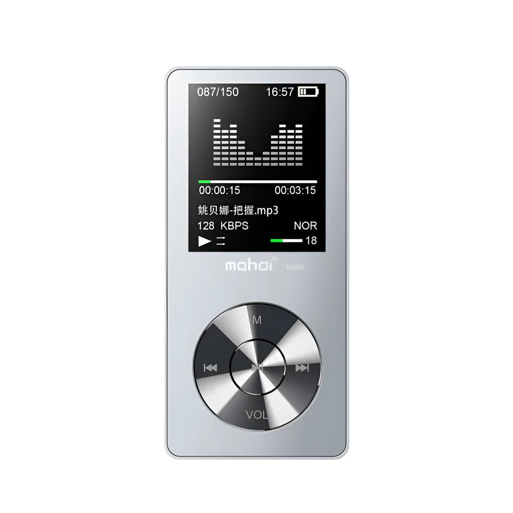 Gold all-metal MP3 music player with 1.8-inch screen showing music menu