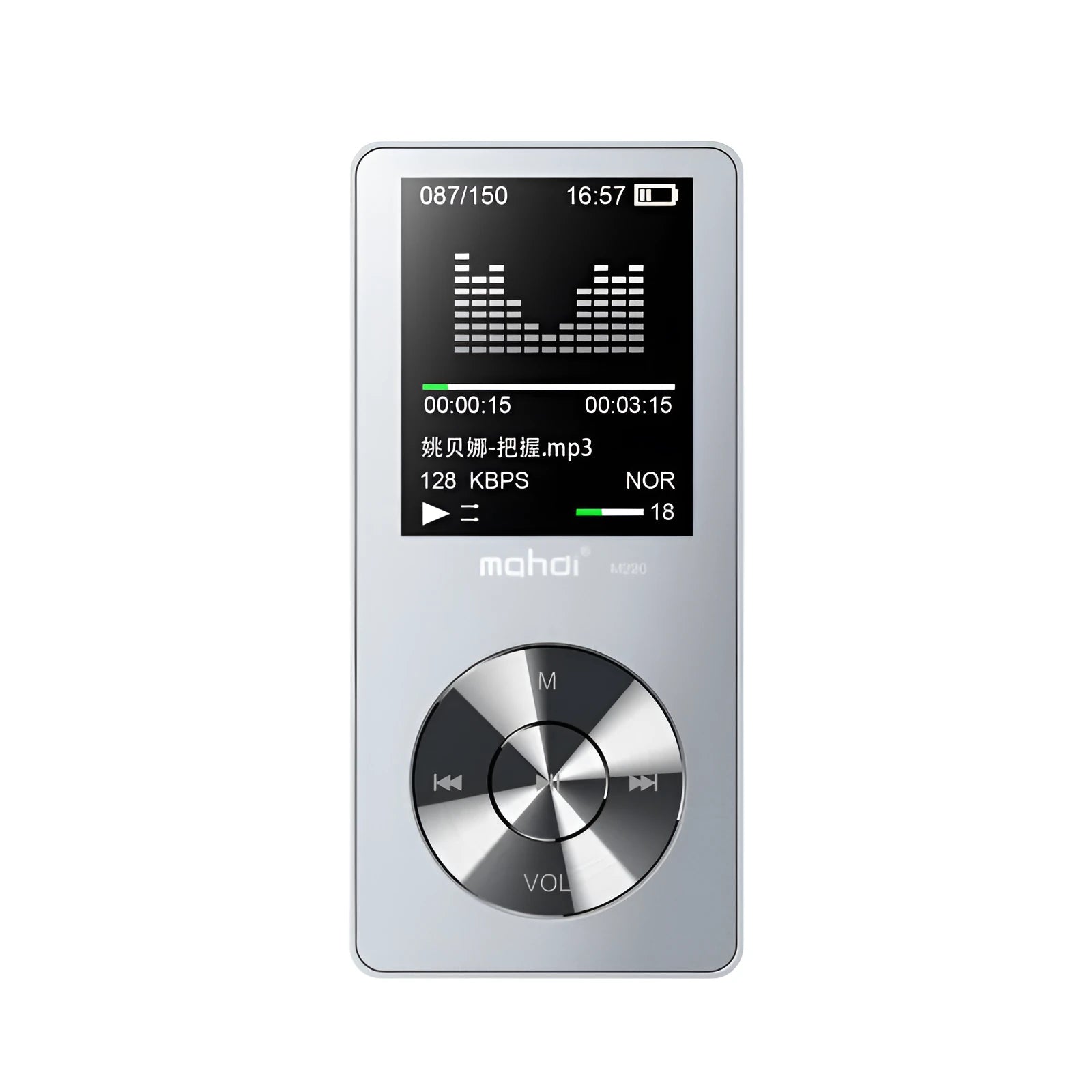 Gold all-metal MP3 music player with 1.8-inch screen showing music menu
