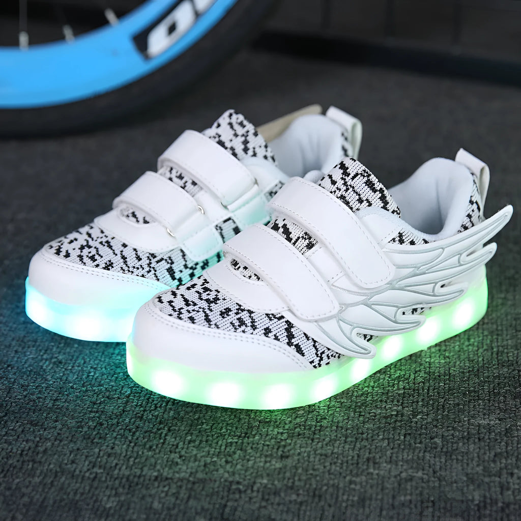 Children's plum red and white USB-rechargeable light-up sneakers with colourful LED lights.
