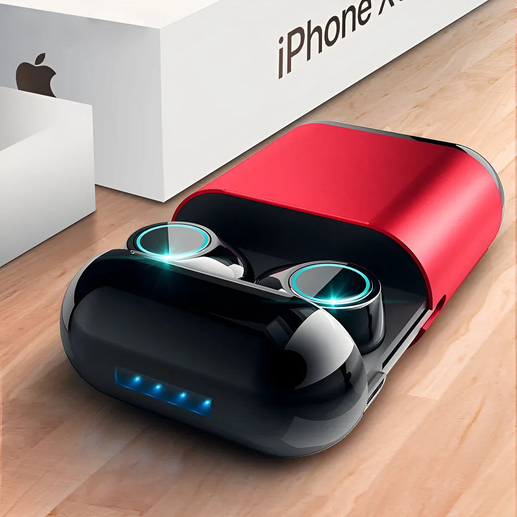 Black True Wireless Stereo Bluetooth earbuds with charging case on a grey background.