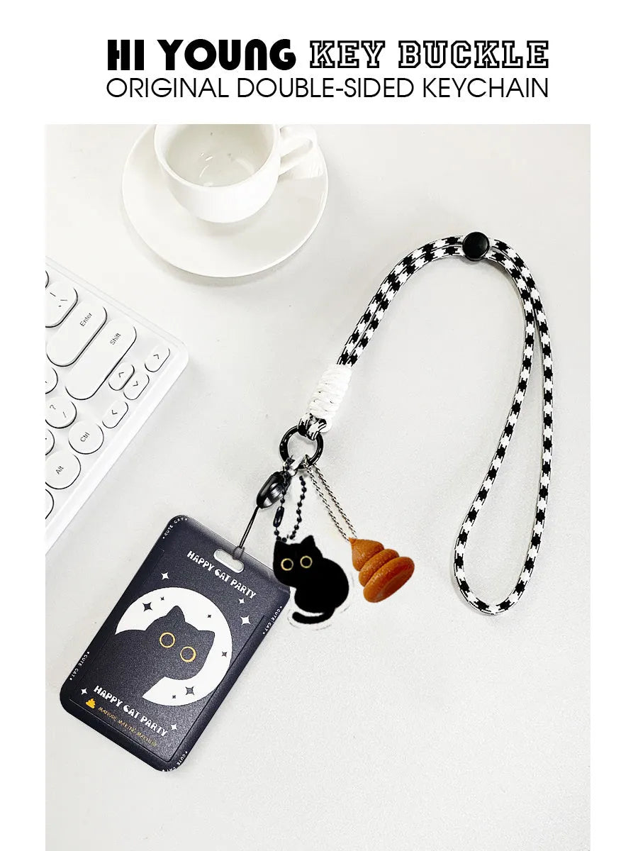 Cute black cartoon cat design plastic card holder with a metal ferrule pendant attached