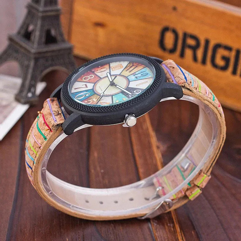 Women's vintage leather quartz watch with 37mm round dial and stainless steel buckle