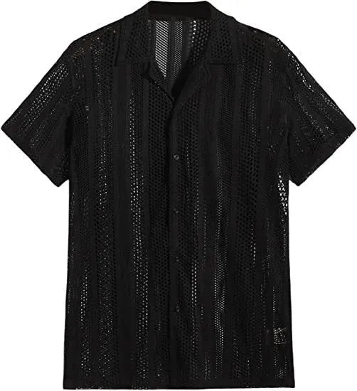 Men's black knitted short-sleeved button-up shirt with jacquard texture and cardigan style on a white background.