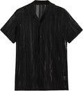 Men's black knitted short-sleeved button-up shirt with jacquard texture and cardigan style on a white background.