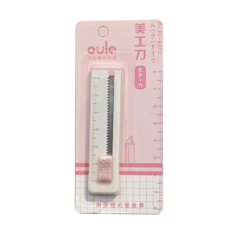 Mini portable paper cutter utility knife with plastic blade in blue colour showing 7.2cm length