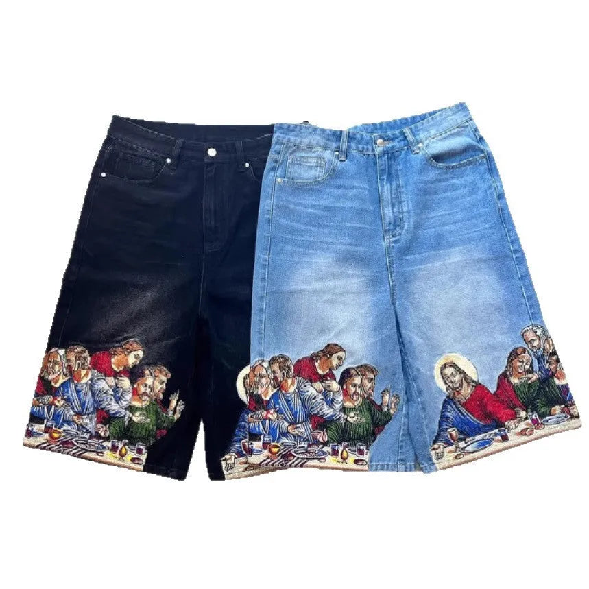 Men's blue cotton shorts with a Jesus print on the back pocket, shown from a rear angle.