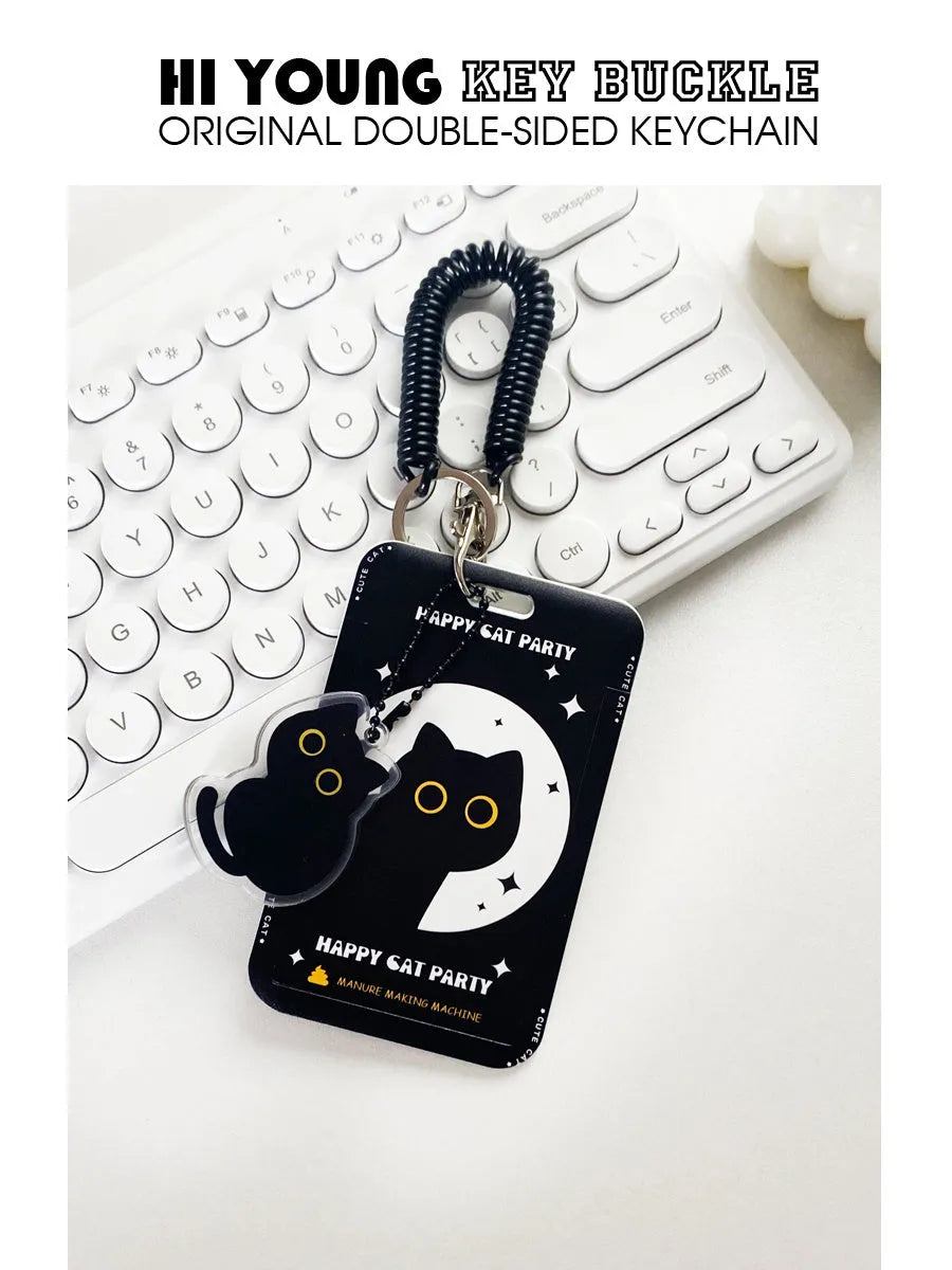 Cute black cartoon cat design plastic card holder with a metal ferrule pendant attached