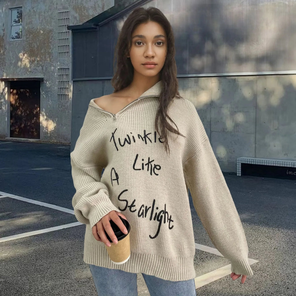 Women's retro alpaca wool pullover sweater with oblique zipper and text pattern in light khaki