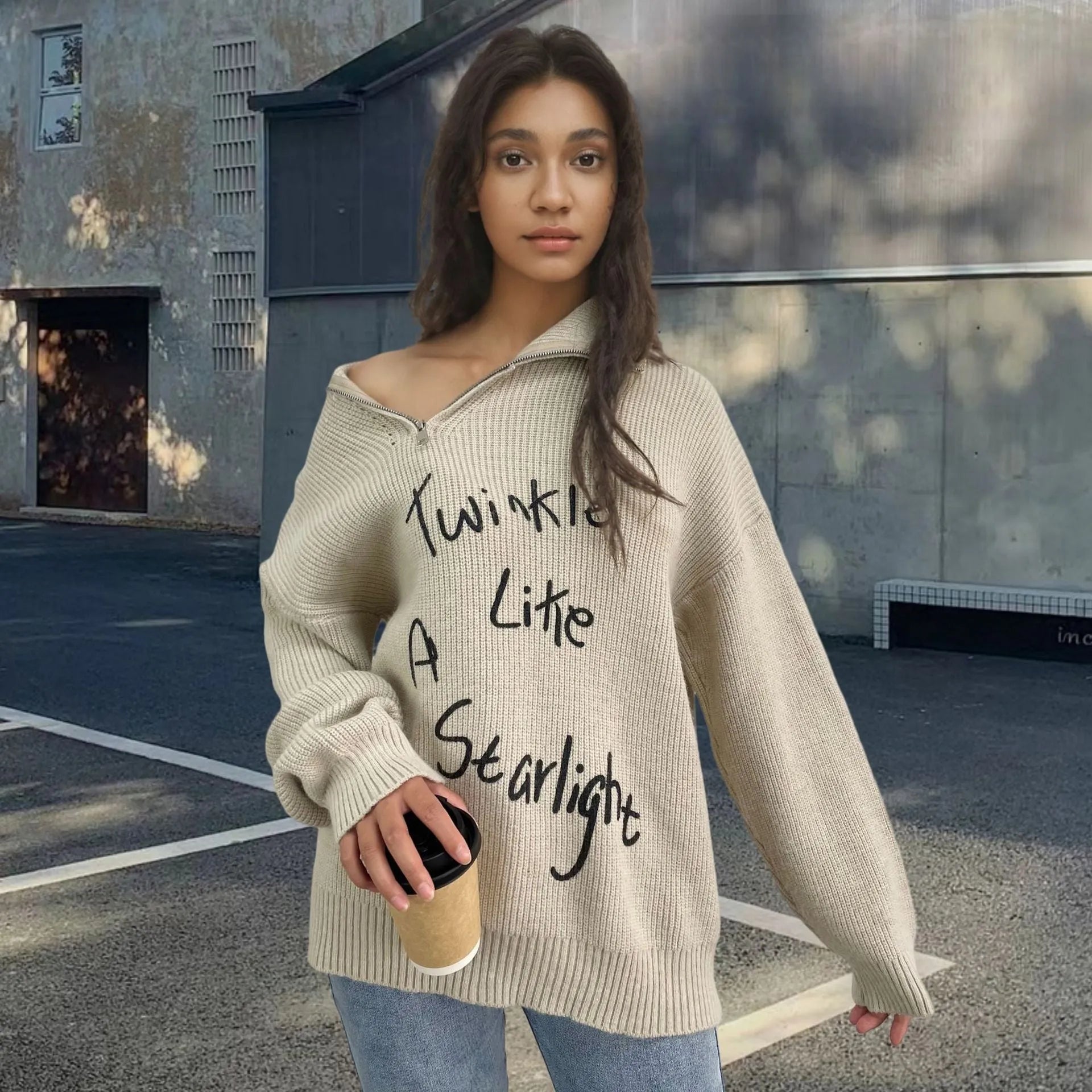 Women's retro alpaca wool pullover sweater with oblique zipper and text pattern in light khaki