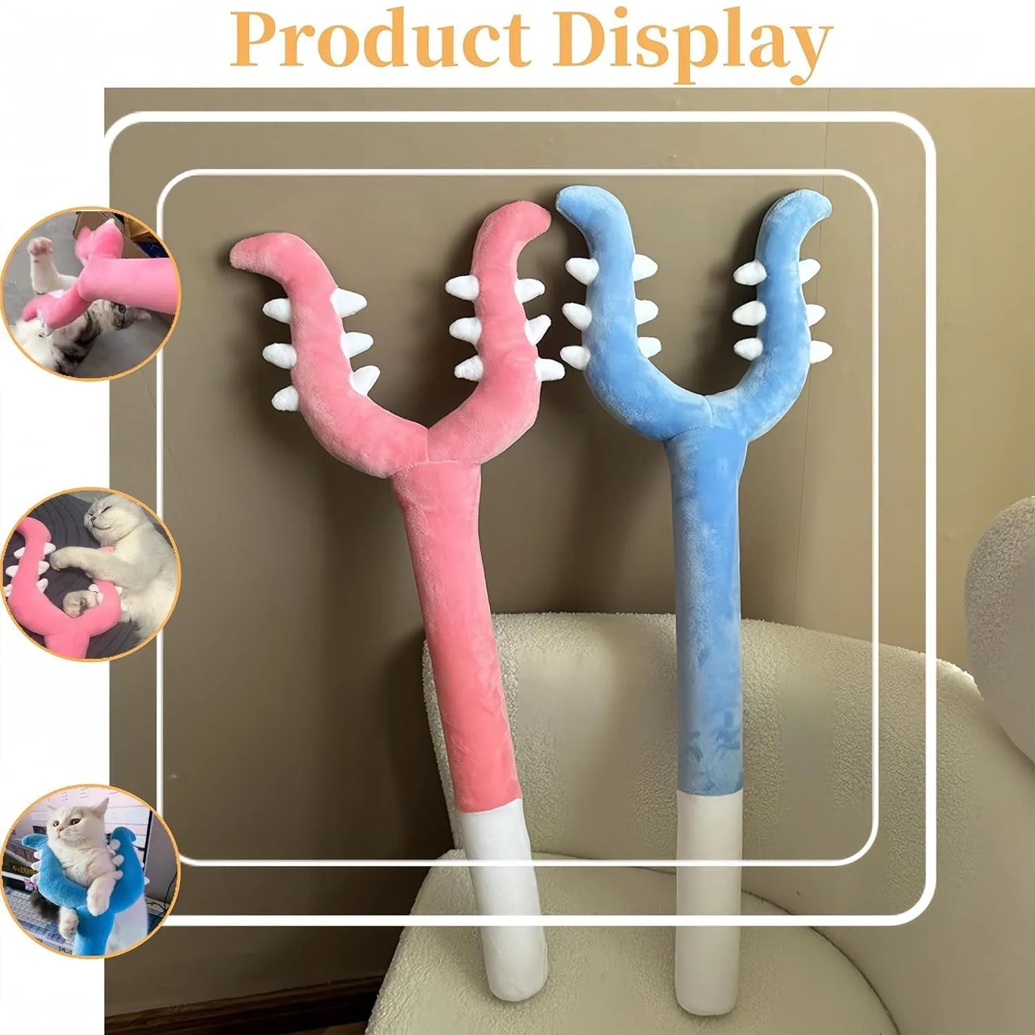 Blue plush cat wand toy with 70cm length for indoor interactive play sessions