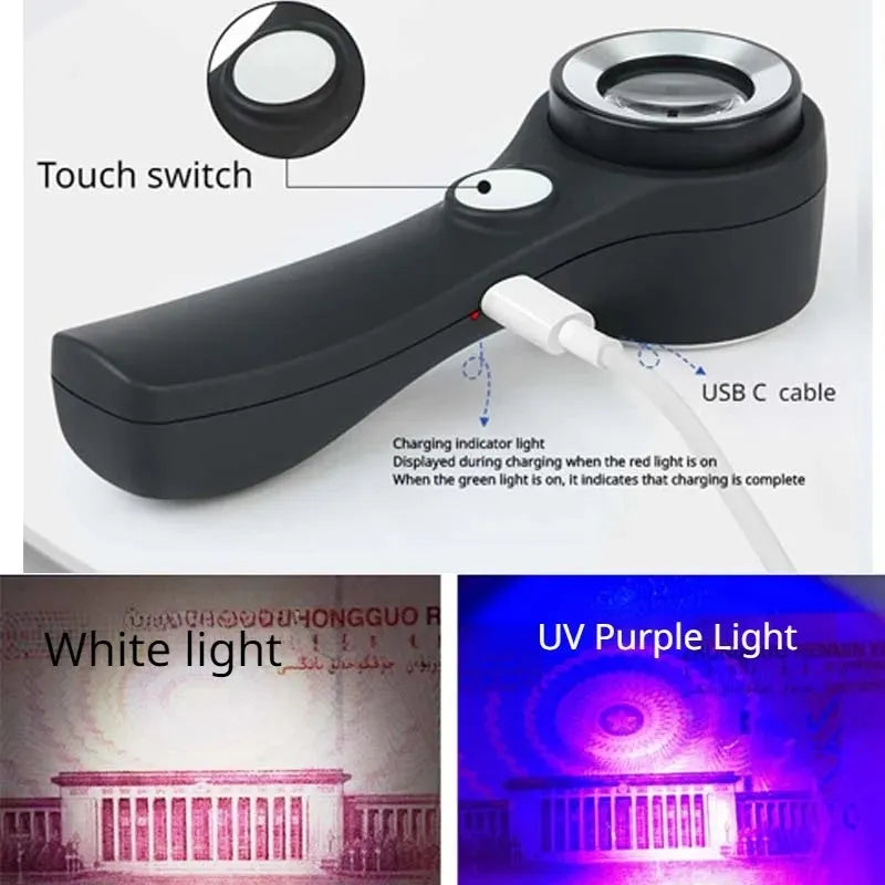 Black jewellery appraisal magnifying glass with LED lights and USB-C charging port