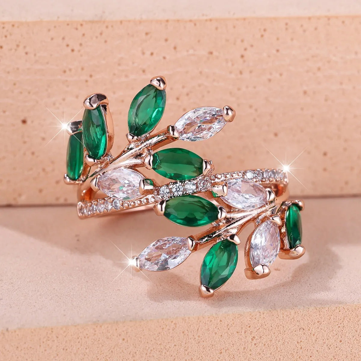 Adjustable copper ring with horse eye zircon leaf design in rose gold sapphire blue colour