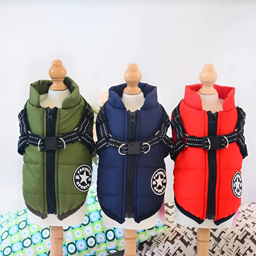 Red waterproof dog coat with built-in harness on a large breed dog.
